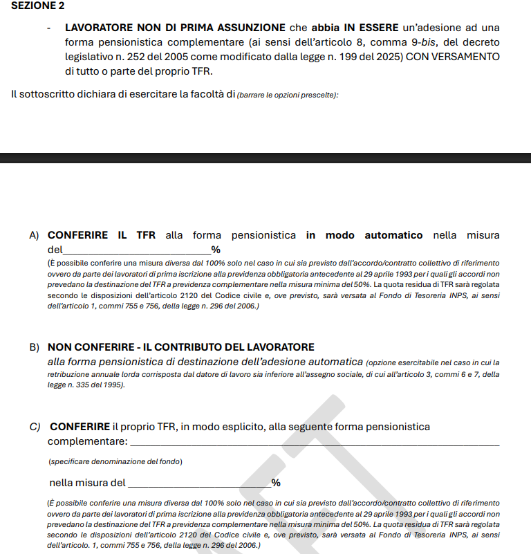 Sezione del modulo TFR per i lavoratori non di prima assunzione